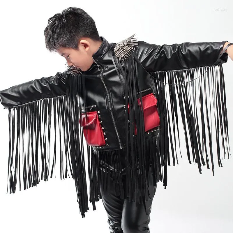 Stage Wear Hip Hop Dance Costume Boys Black Fringed Leather Coat Children Jazz Performance Kleding Kids Jacket DNV12481