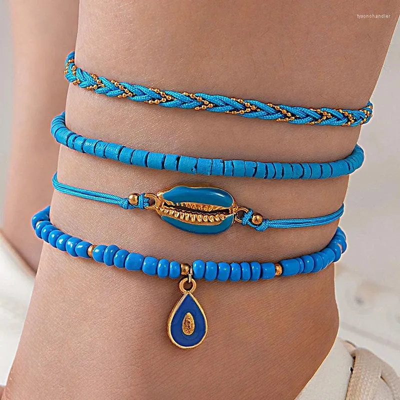 Bracelets de cheville bohémien, ensemble de bracelets de cheville en coquillage pour femmes et hommes, breloques de Style ethnique, perles en corde bleue, chaînes de pied géométriques multicouches, bijoux 24544