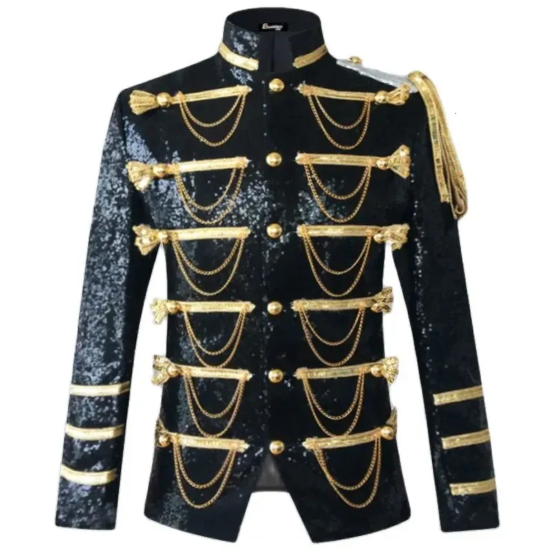 Mens Suits Blazers Shiny Sequin Blazer Men Glitter Chain Military Dress Tuxedo Suit Jacket Nightclub Stage Show Cosplay Masculino 231109