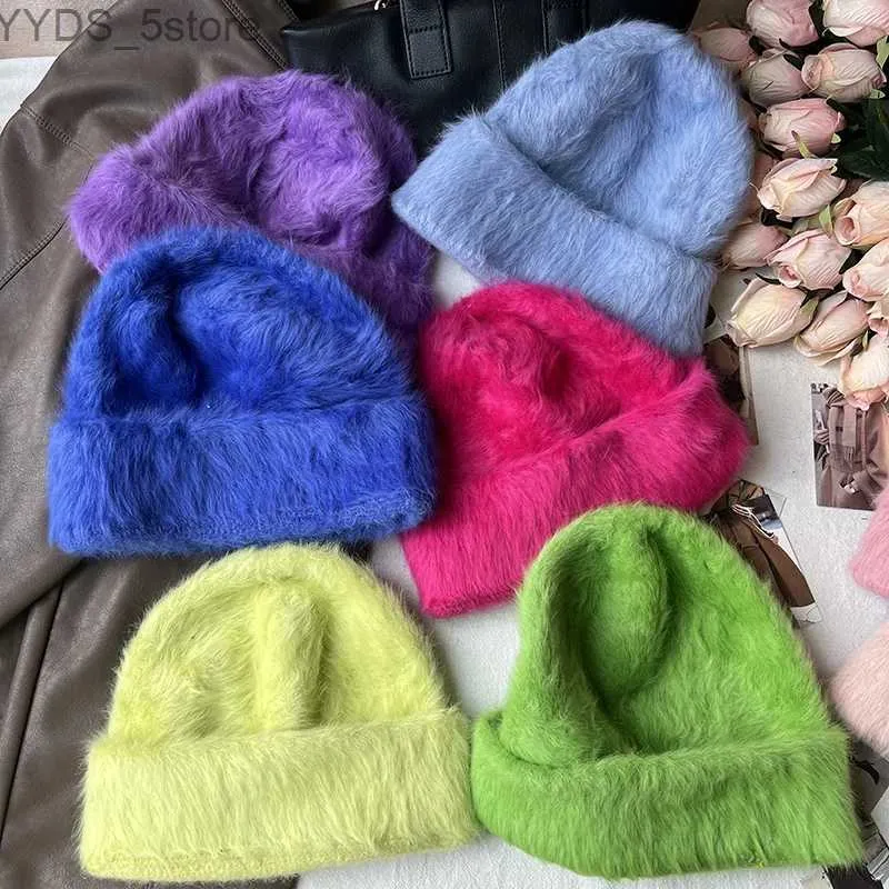 Beanie/Skull Caps 2023 Mode Lapin Fourrure Y2k Bonnets Femmes Doux Chaud Moelleux Angola Hiver Tricoté Chapeau Femelle En Peluche Coupe-Vent Bonnet Skullies Cap YQ231108