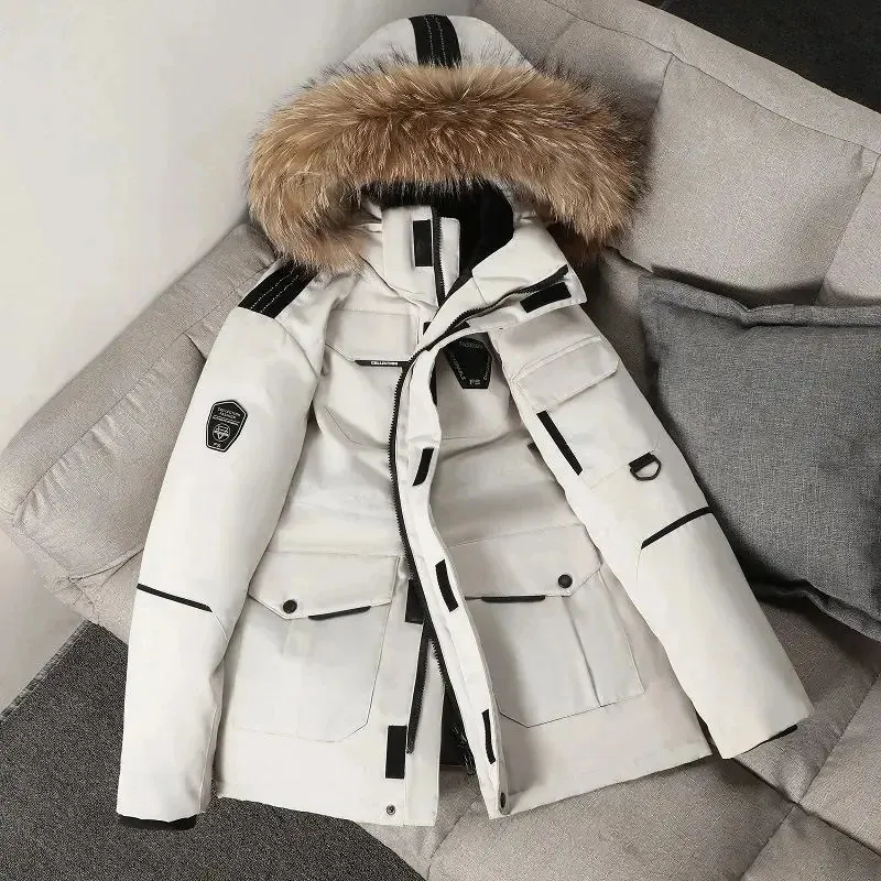 Parkas pour hommes maintenant à capuche col de fourrure doudoune hommes/femmes le même pardessus épais hiver extérieur manteau de neige outillage veste surdimensionnée 231109