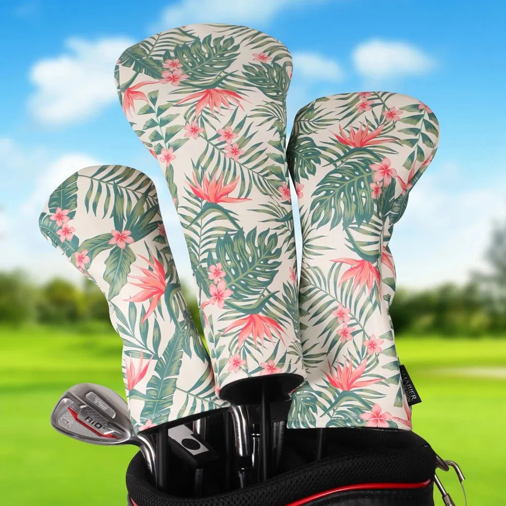 Other Golf Products Hawaiian Style Soft PU Leather Printing Golf Club Headcover 3pcs Set Bundled Driver Fairway Wood Hybrid Covers 231109