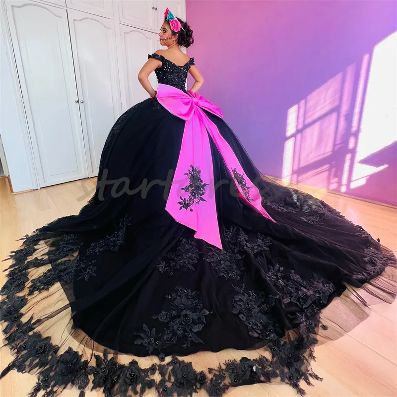 Black Mexican Quinceanera Dress: Charro Floral Gown