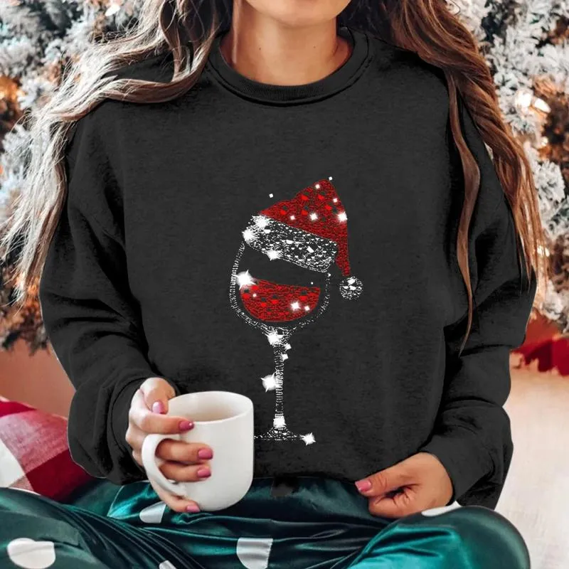 Womens Hoodies Round Neck Long Sleeved Christmas Hat Red Wine Cup