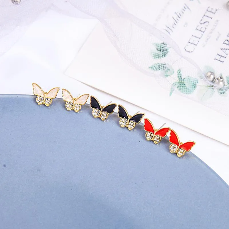 Stud Earrings Uer Cute Little Butterfly For Women Unique Red Pink Black Enamel Delicate Crystal Insect Fashion Jewelry