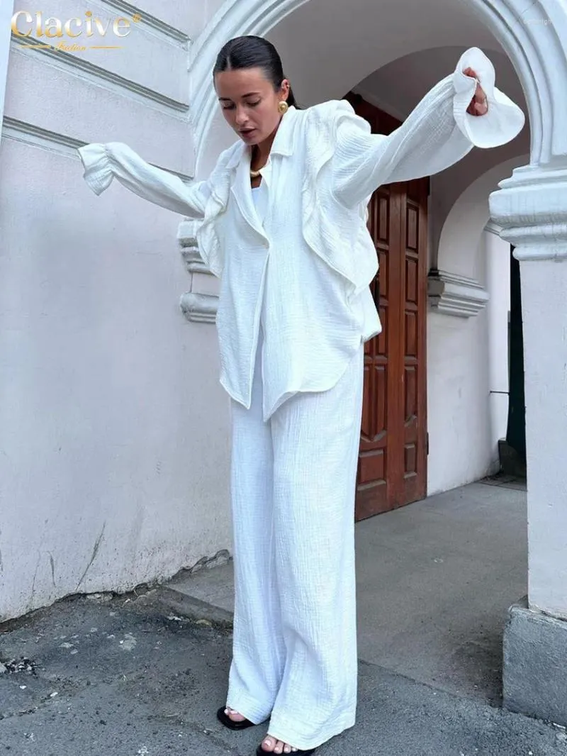 Dwuczęściowe spodnie damskie Clagive moda luźna biała bawełniana damska 2 strój elegancka koszulka marszczona z długim rękawem o wysokiej talii