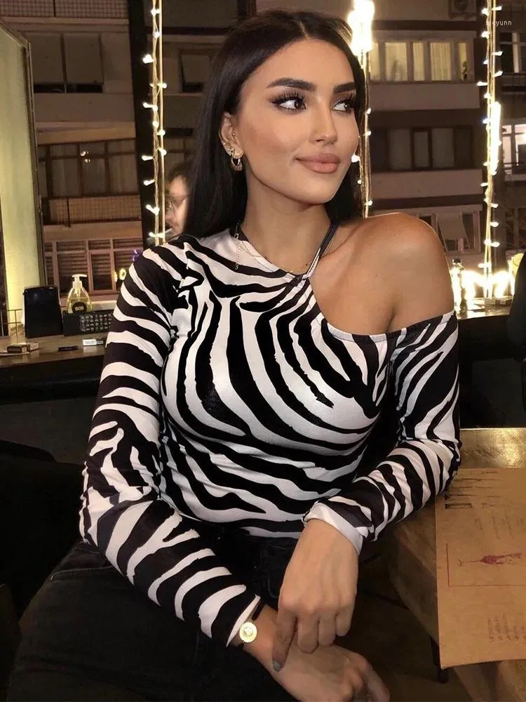 Women's T Shirts Crop Tops Women T-shirts 2023 Street Style Zebra Animal Print Top Round Neck Long Sleeve Night Club Sexy One Shoulder