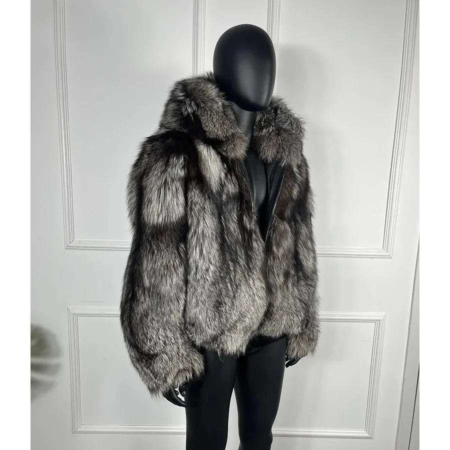 Herren Pelz Faux Real Mantel mit Kapuze Männer Winter natürliche Silber Jacke hohe Qualität echt 231108