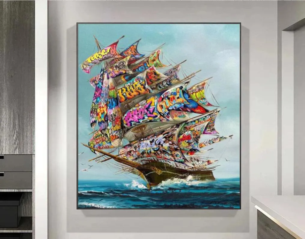Storm på havsgraffiti Art Pirate Ship Vintage Canvas Målningsaffischer och tryck vardagsrum Art Wall Decoration Målning6691352