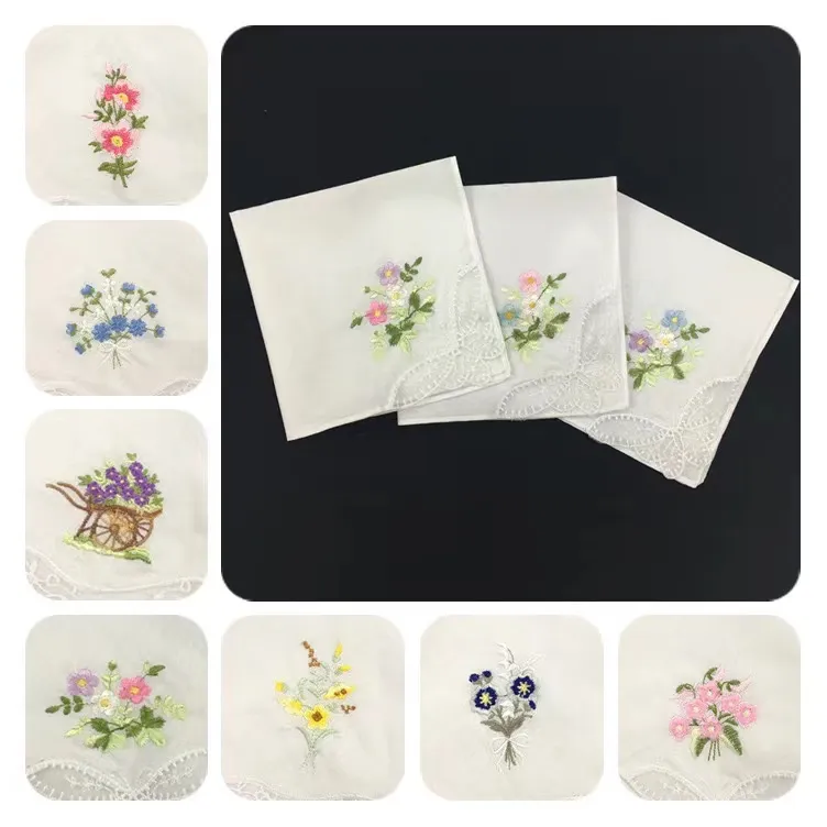 Embroidery Flower Handkerchief White Lace Thin Handkerchiefs Cotton Towel Woman Wedding Gift Party Decoration Cloth Napkin C455