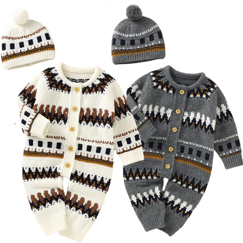 Strampler Baby Strampler gestrickt Druckmuster geboren Junge Mädchen Overalls Mütze Outfit Set Herbst Winter Kleinkind Kleinkind Overall Kleidung 230408