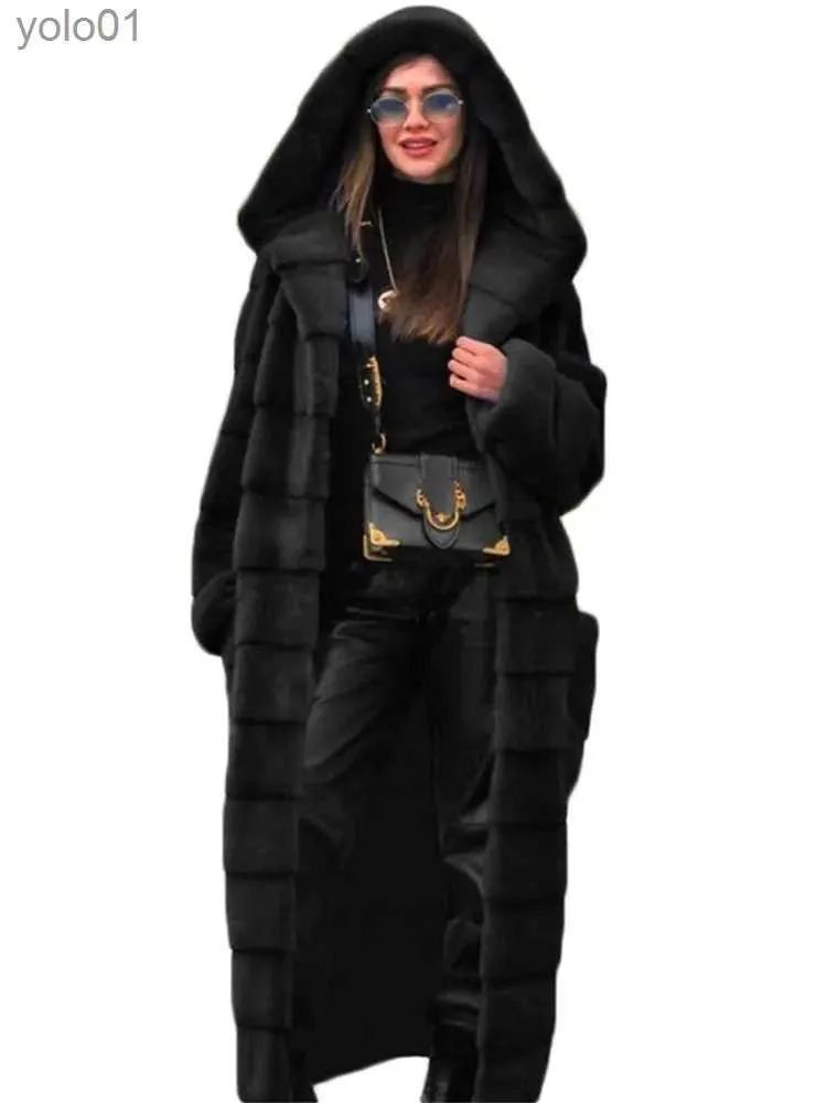 Pelliccia da donna Cappotto in pelliccia sintetica da donna Nero S-5XL Lungo spesso calore Giacca in pelliccia di visone con cappuccio 2022 Autunno Inverno Nuova moda Rosa Streetwear Cappotto AbbigliamentoL231109