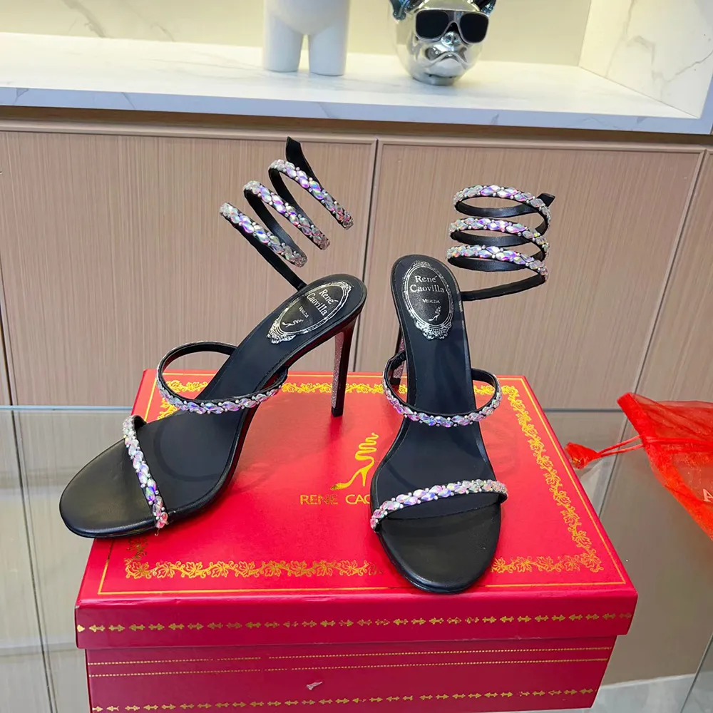 New Rene Caovilla Cleo stiletto sandals Crystals Gem Embellished Heels Evening shoes women high heeled Luxury Designers party Wraparound Dress shoe 35-43