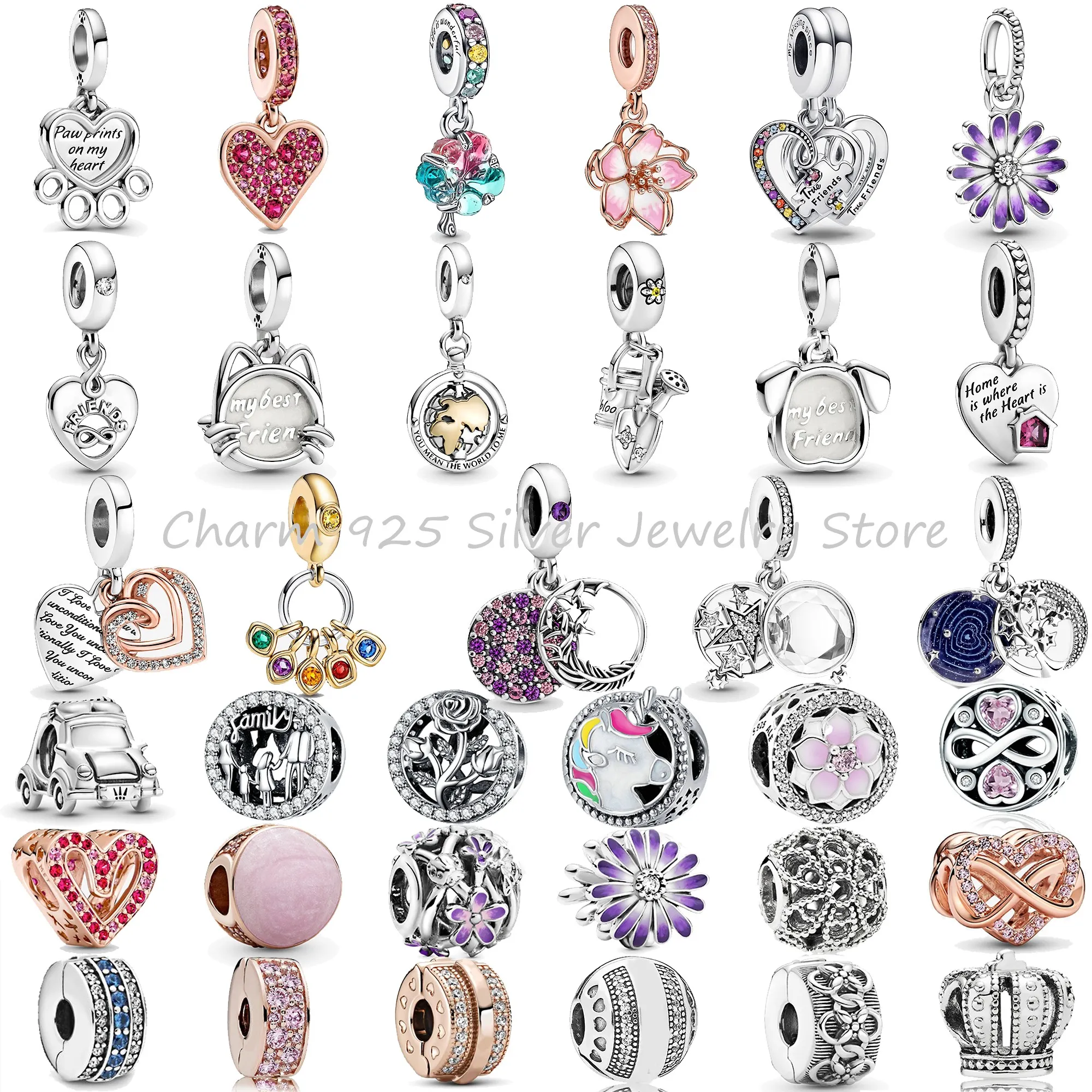 925 Sterling Silver Pandora's Charm Flower and Love Pendentif Perle Convient aux bracelets de dames primitives Bijoux à bricoler soi-même Cadeau Accessoires de mode