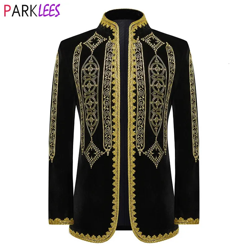 Mens Suits Blazers Luxury Barock Floral Embrodery Velvet Suit Jacket Men Stand Collar Slim Fit Cardigan Blazer för Party Wedding Dinner 231109