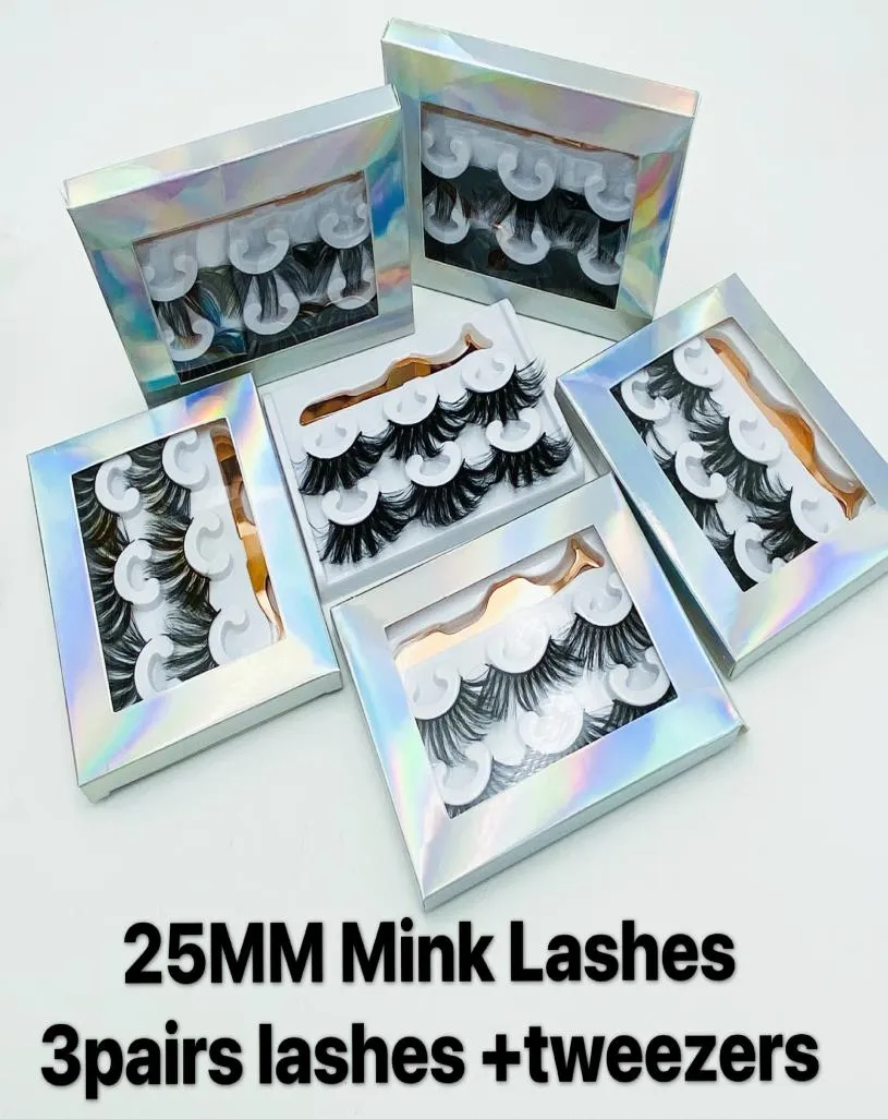 25mm Mink Eyelashes Dramatic Long Wispies Fluffy Eyelash 5D 3 Pair Lashes Thick Faux Eyelashes With Tweezers In Box 6 Styles Newes1807484