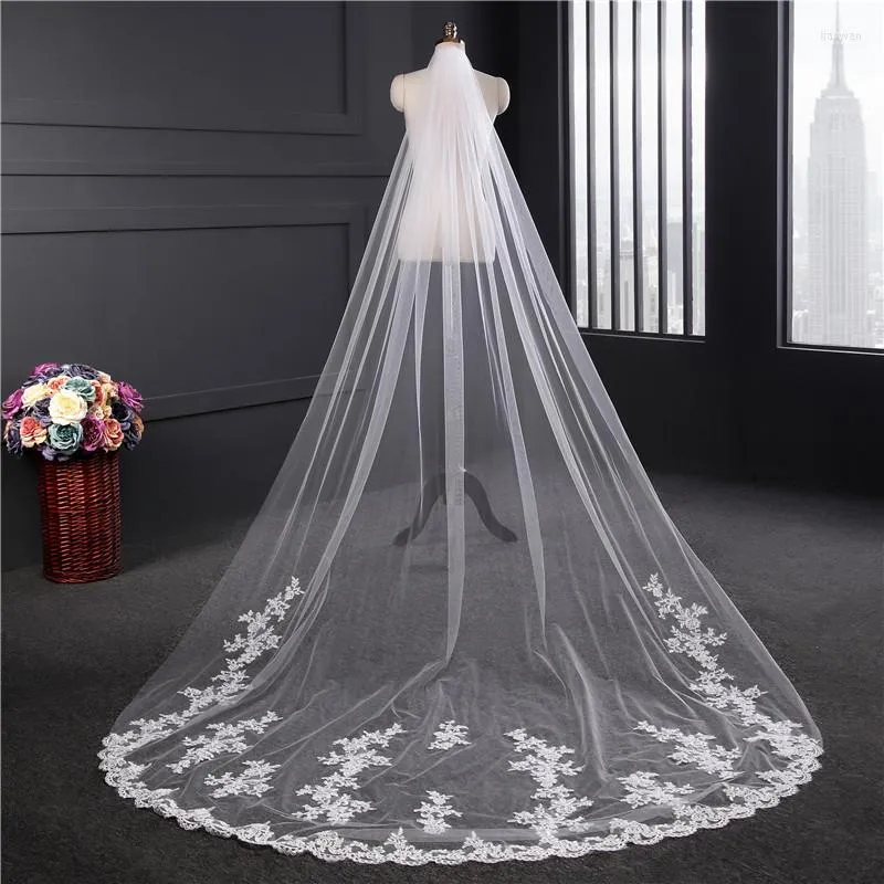 Bridal Veils NZUK One Layer Long Veil 3.5 Meters Lace Applique Wedding Elegant Hairwear Velos Para La Iglesia