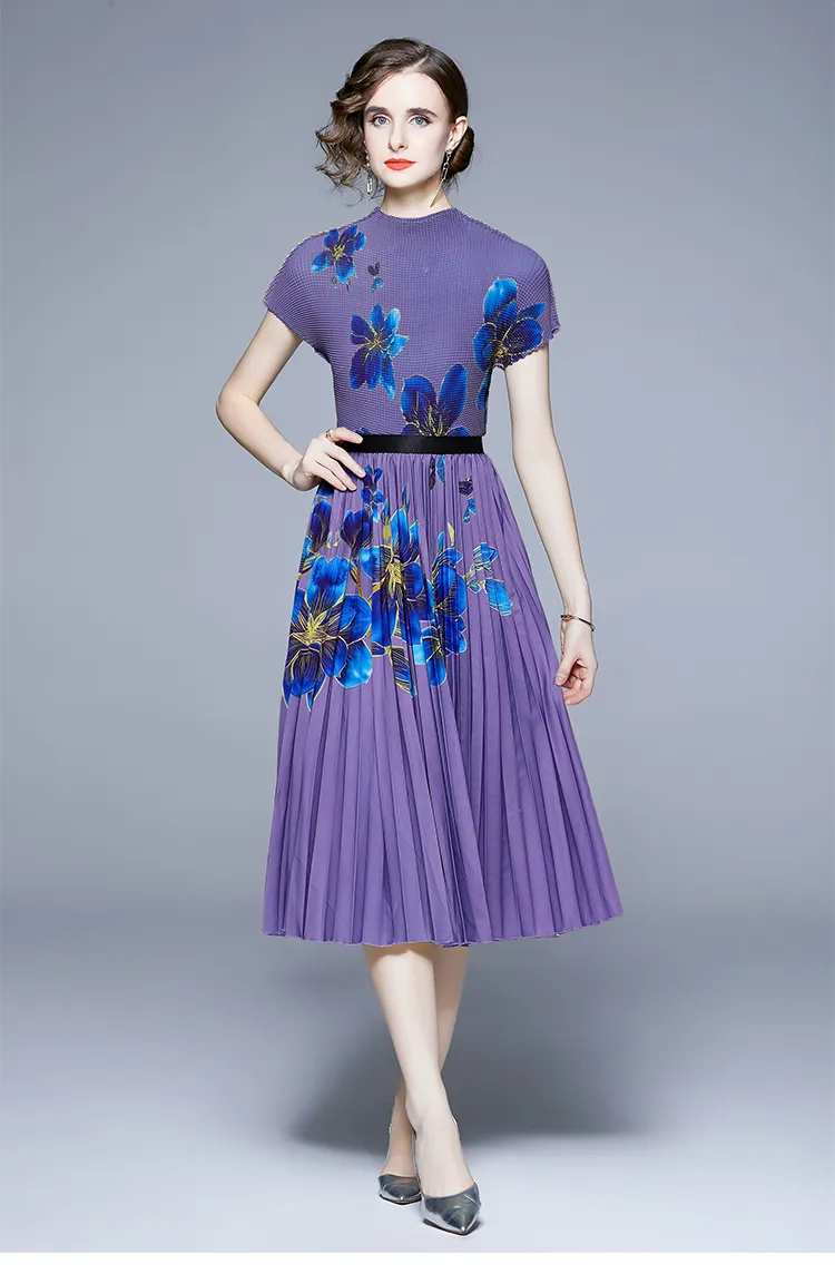 Elegant Purple Flower Print Two Piece Dress Set for Women - Autumn Fashion with Stretch Short Sleeve Top, Elastic Waist, and Midi Pleated Skirt