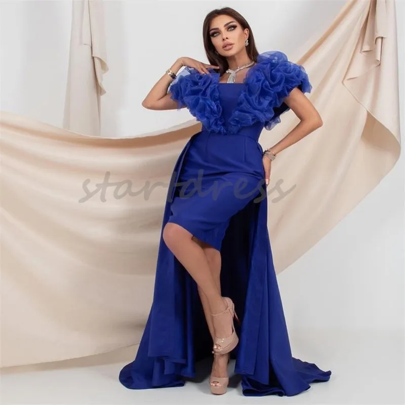 Royal Blue Dubai Arabic Evening Dress Elegant Ruffles Hi Low Prom Dresses With Overskirt Train Holiday Birthday Cocktail Party Gowns 2024 Formell Occasion Dress Chic