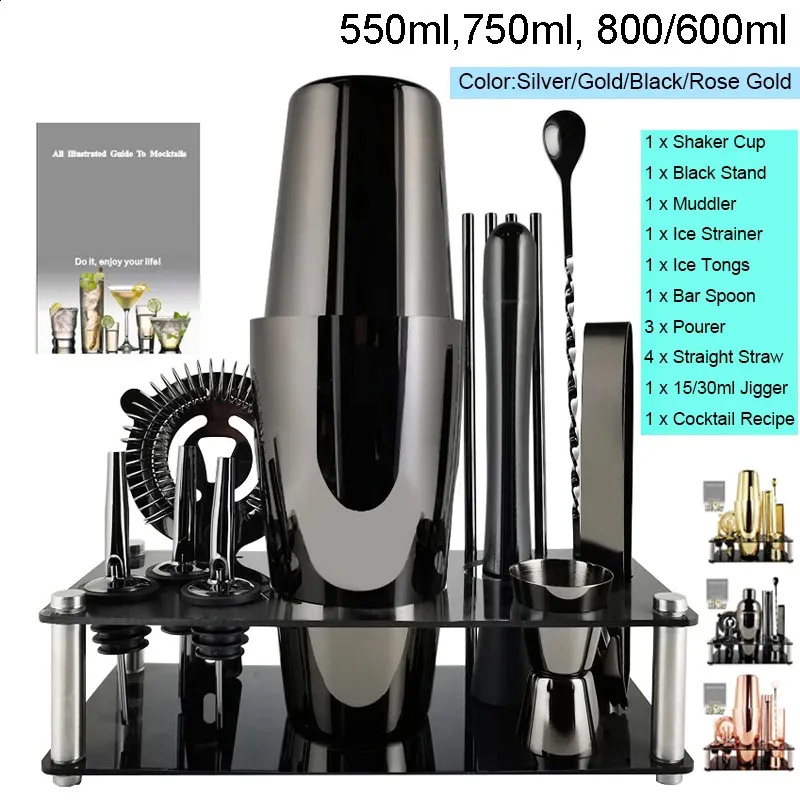 Bar Tools Barkeeper-Set, 13-teilig, Schwarz/Roségold, Cocktail-Shaker-Set, Bar-Tools aus Edelstahl mit schwarzem Ständer, 550 ml, 800/600 ml Shaker 231109