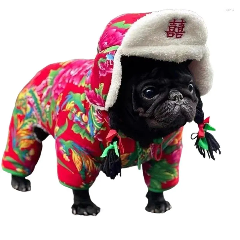 Abbigliamento per cani Moda classica Cina Nord-est Cappotto in cotone con fiori grandi per cani Anni Costume Addensare tuta calda Abiti invernali