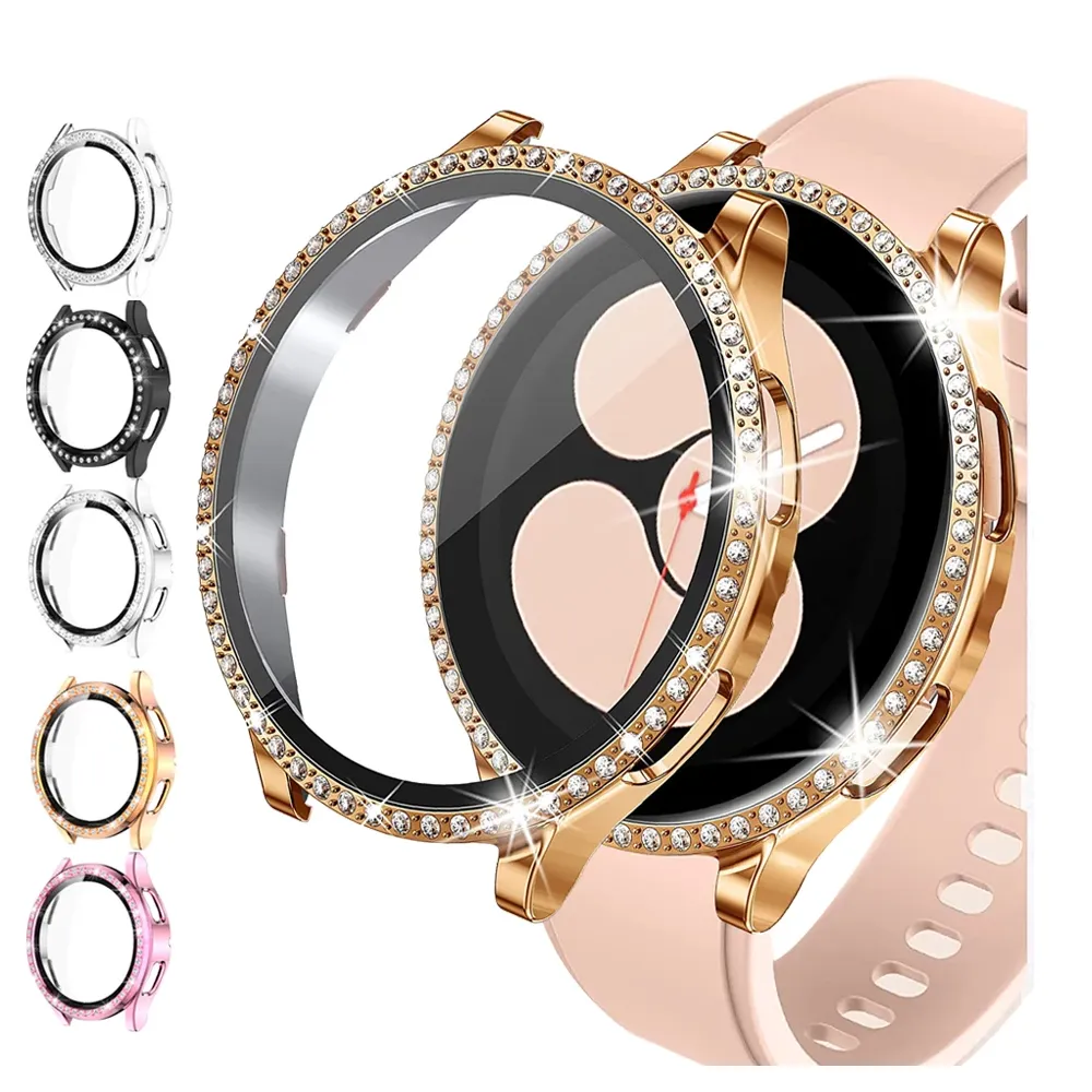 Bling Diamond Displayschutzfolie aus gehärtetem Glas 360 Full Cover Protective PC Bumper für Samsung Galaxy Watch 4 5 Watch5 Wath4 44mm 40mm mit Kleinpaket