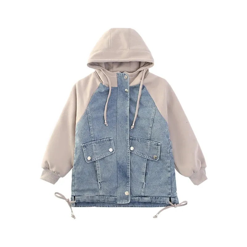 Jacken Winter Frühling Mädchen Denim Jacke Blau mit Hut Hoodie Mode Streetwear Jean Mantel Kinder Outer CH156 231109