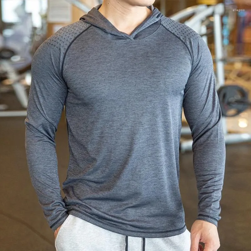 Herrtröjor 2023 Autumn Gym Men Sweatshirt Casual Long Sleeve Slim Tops Tees Elastic T-Shirt Sports Fitness Drenable Quick Dry Hooded