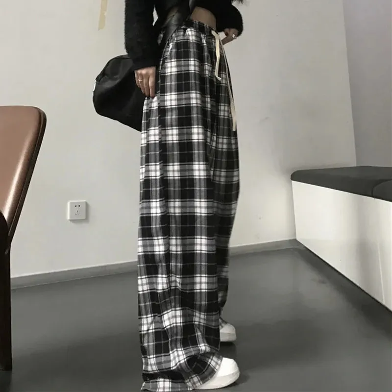 Pantalons pour femmes Capris Lucyever Harajuku pantalon à carreaux noir et blanc femmes été décontracté pantalon large adolescents Hip Hop unisexe pantalon droit ample 231108