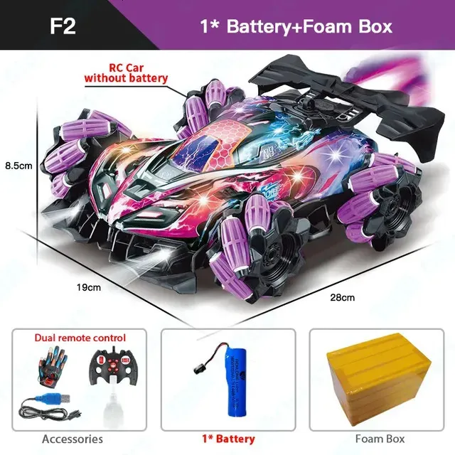 Drift RC Car With LED Lights And Music 2.4G Glove Gesture Radio Remote  Control Spray Stunt Car 4WD Electric Toys For Kids (Purple)