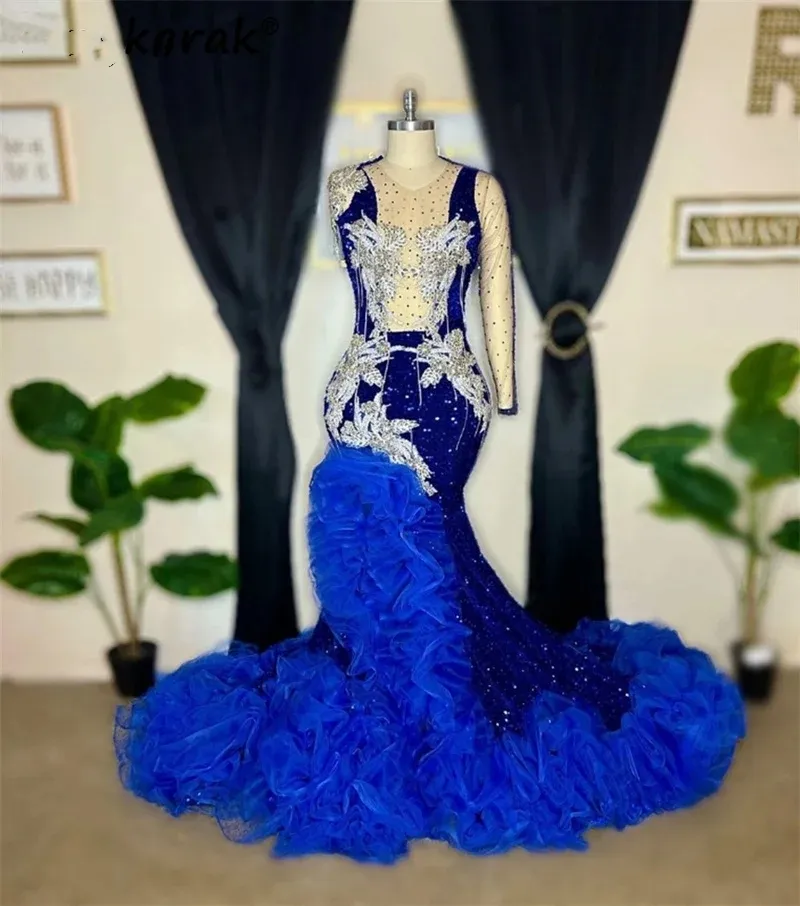 Sparkly Diamonds Royal Blue Long Prom 2024 Crystal Rhinestone Beading Birthday Party Dress Tassels Evening Gown Robe