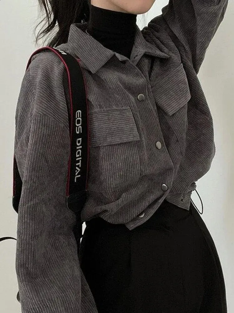 Vestes pour femmes Vintage velours côtelé veste courte femmes mode coréenne à manches longues cordon Blouses femme décontracté lâche simple boutonnage manteaux 231109