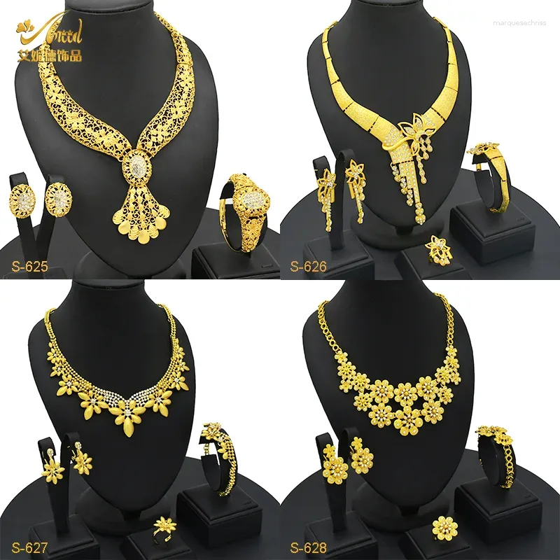 Halsband örhängen set aniid afrikansk lyxig bröllopslegering för lady dubai guld pläterad choker nigerianska smycken gåvor 24k