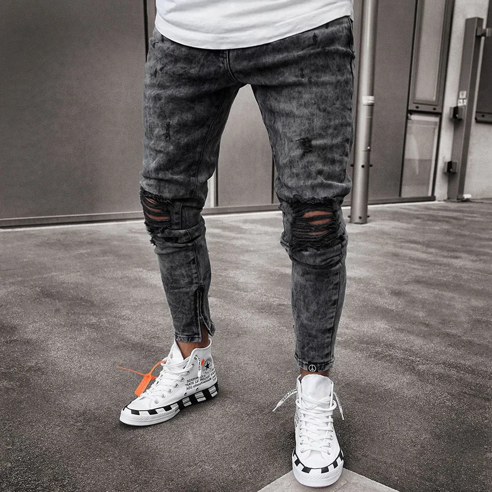 Men's Jeans Men Retro Snow Wash Distressed Stretch Ripped Biker Jeans Hip Hop Slim Fit Hole Punk Denim Pant Pantalones Hombre Zipper Joggers 231108