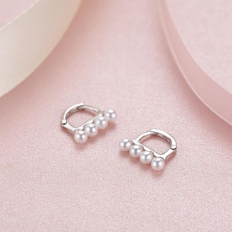 Hoop Earrings Cute Four Round White Faux Pearl 925 Sterling Silver Small Huggie For Women Girls Kids Jewelry Aros Hoops Kolczyki