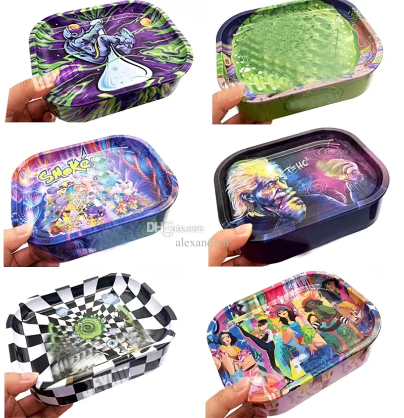 Cartoon Pattern Rolling Trays With Storgae Stash Box Kit 180x140x45mm Size For Tobacco Dry Herb Packaging Tinplate Metal Cigarette Tray Smoking Accessories