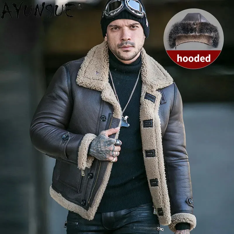 Herrenjacken AYUNSUE Naturpelzmantel Winter für Männer Warme braune Lederjacke Echte Schaffellmäntel mit Kapuze Manteau Homme Hiver SG 231108