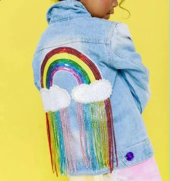 Jacken Girlymax Herbst Winter Langarm Outfits Baby Mädchen Denim Jacke Mantel Regenbogen Pailletten Quaste Kinder Boutique Kinder Kleidung 231109