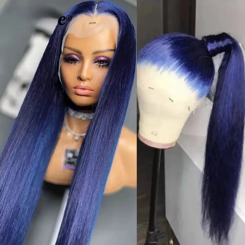 Transparent Lace Frontal Wigs Blue Straight T Part Lace Front Wig for Women 250 Density 613 Colored Simulation Human Hair Pre Plucked Wigs