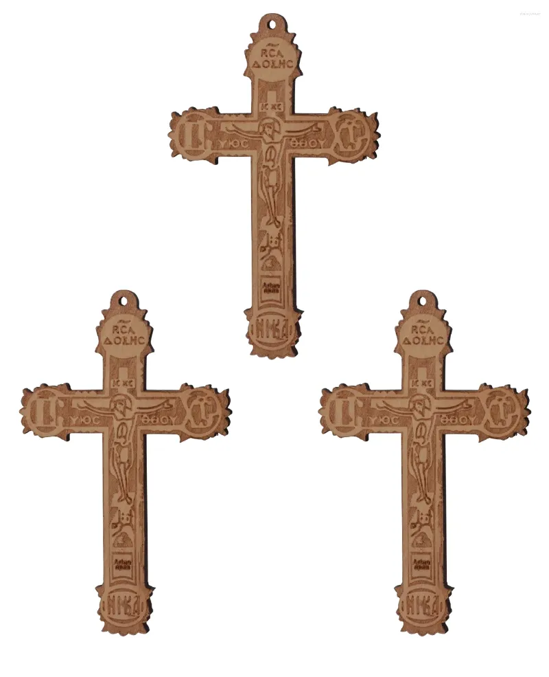 Colares Pingente Cottvo3Pcs / Lote Grande Cruz de Crucificação Ortodoxa Oriental de Madeira para DIY Jóias Fazendo Rosário Chaplet Colar Peças