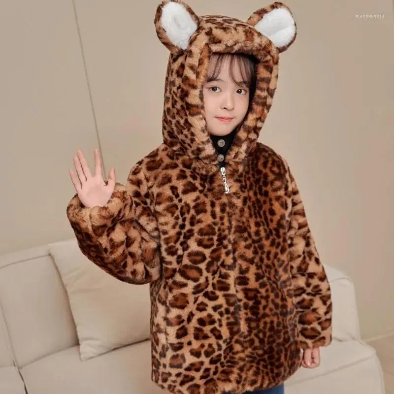 Jackets Baby Cute Hooded Fur Coats Leopard Children Winter Clothing Boys Girls Faux Thickened Tops 4-12 Years Old