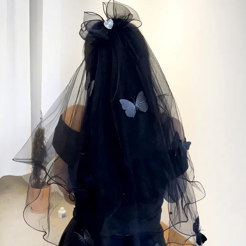 Новое короткое тюлевое свадебное платье, фата черного цвета, лента с бантом и расческой для волос, фата для волос невесты, свадебные аксессуары