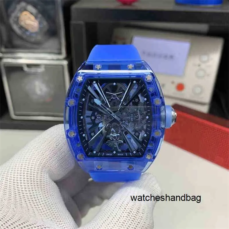 Richa Milles Mecânica Lazer Negócios Luxo Mens Relógio Rm12-01 Manual Tourbillon Blue Crystal Case Fita Moda Relógios de Pulso Swisss Alta Qualidade