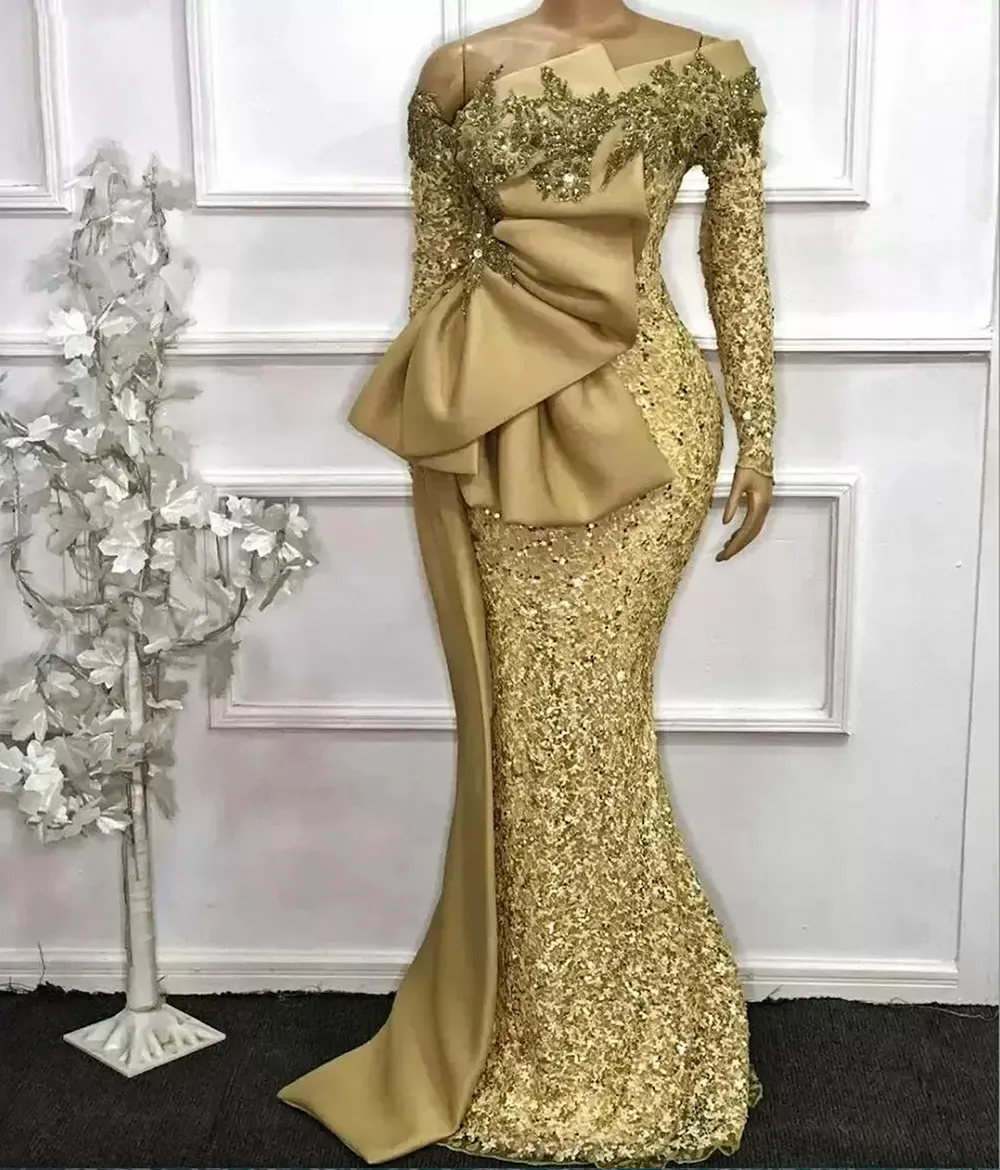 Neue elegante afrikanische Abendkleider 2023 mit langen Ärmeln Pailletten Meerjungfrau Abendkleid Aso Ebi Gold Perlen Abendkleider Robe De Soiree