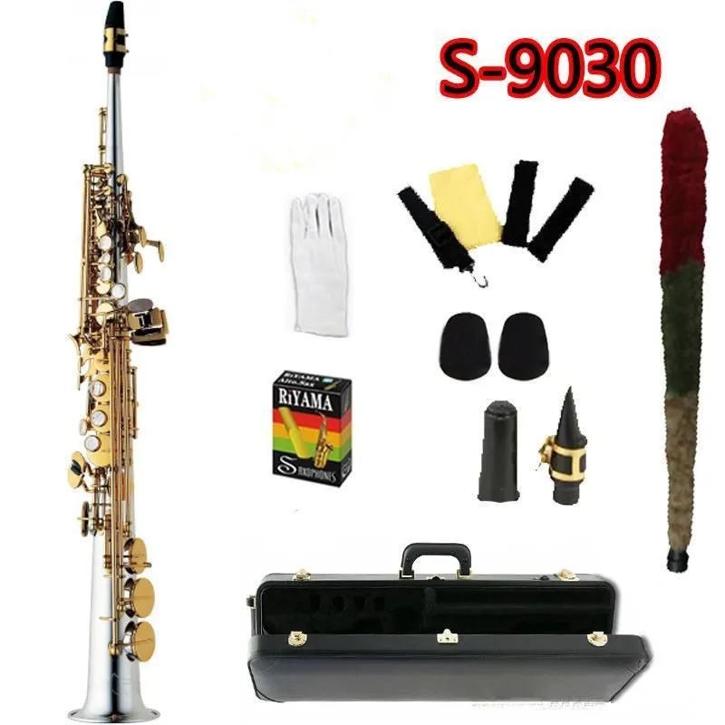 Top S-9030 sax soprano reto B Tone Split Soprano Saxofone banhado a níquel chave de ouro Bocal de sax profissional com estojo rígido e acessórios