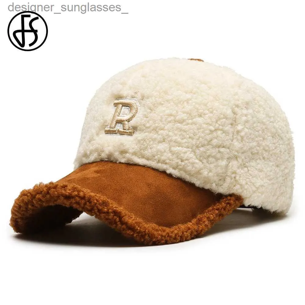 Stingy Brim Chapéus FS 2023 Tren Grande Letra Bordado Homens Chapéus de Inverno Branco Marrom Lambswool Beisebol C para Mulheres Quente Pelúcia Chapéus GorrasL231109