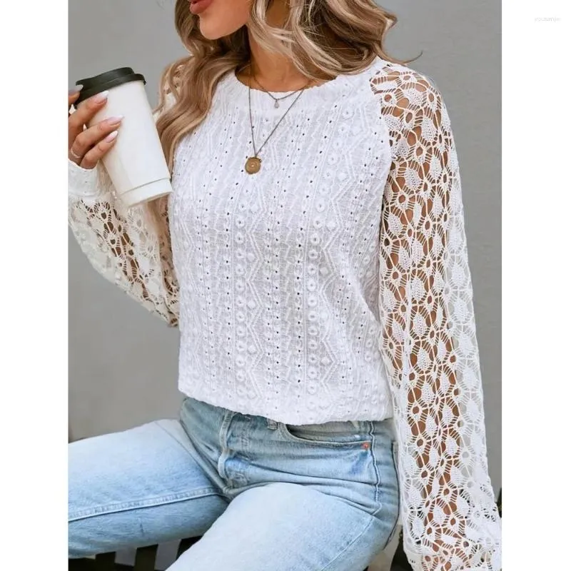 Women's Blouses Women Autumn Casual Pullover Tops Solid Hollow Out See-through O-neck Loose Lace Patchwork Long Sleeve White & Shirts