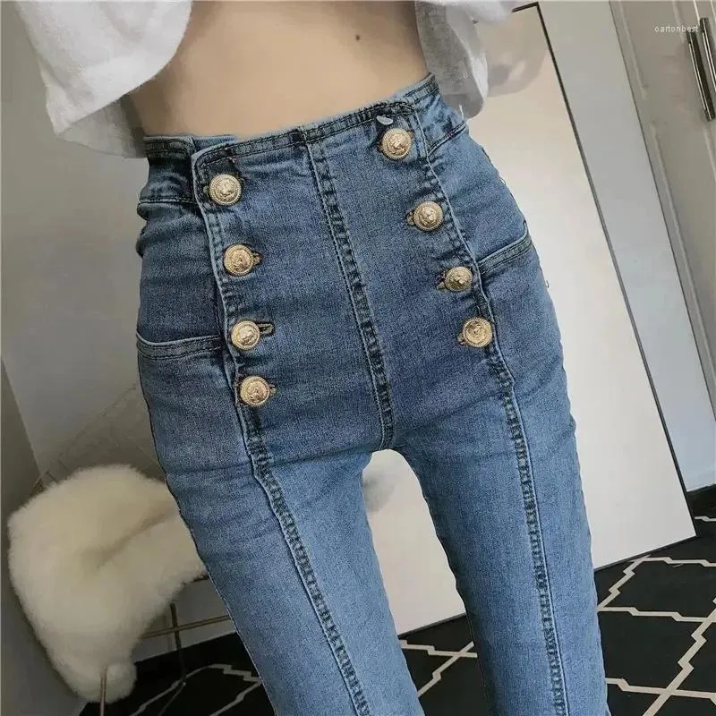 Jeans pour femmes femmes pantalon coréen rivets bouton style denim pantalon 2023 taille haute élégant maigre serré crayon extensible pour les filles