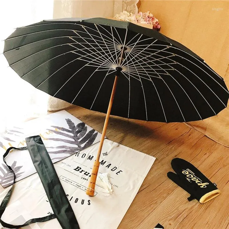 Umbrellas Wood Long Handle Umbrella 24 Ribs Retro Chinese Men Women Black Big Parasol Outdoor Sun Protection For Girls