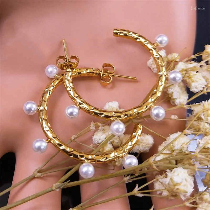 Hoop Earrings Circle Pearl Stainless Steel Gold Color Women Big Earring Jewelry Pendientes Acero Aro Grande Inoxidable E9528S02
